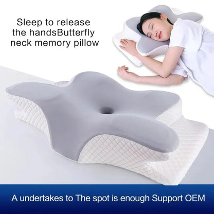 Memory Foam Cervical Pillow – Butterfly Shaped Slow Rebound Neck Support Pillow, Ergonomic Cow Horn Design, Soft Cotton Cover for Bedding & Office Use